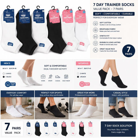 7 Pairs Days of the Week Cotton Trainer Socks - Washington Vapes Wholesale