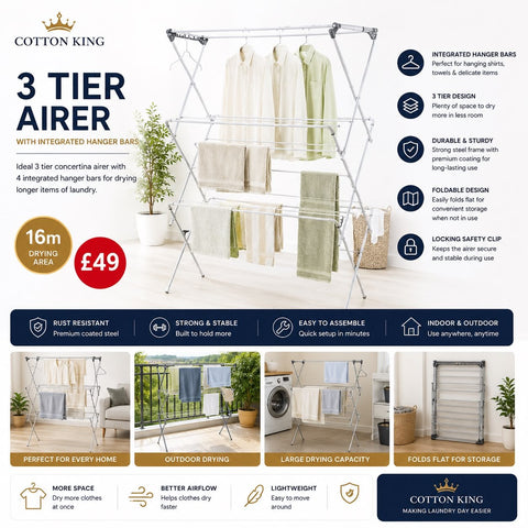 Cotton King 3 Tier Airer – 16m - Washington Vapes Wholesale