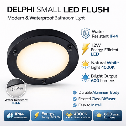 Delphi Small LED Flush Bathroom Light – 12W IP44 (4000K, 600 Lumens) - Washington Vapes Wholesale