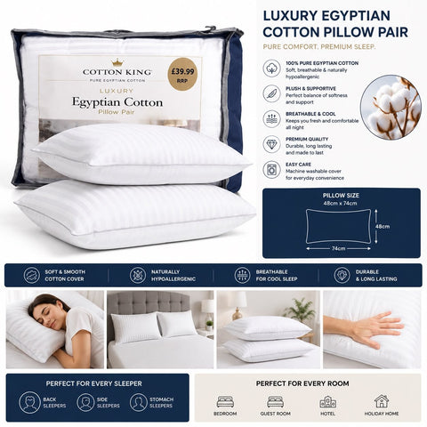 Egyptian Cotton Pillow Pair – Luxury Soft Support Sleeping Pillows (2 Pack) - Washington Vapes Wholesale