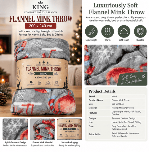 Winter Wonders King Flannel Mink Throw 200x240cm - Washington Vapes Wholesale